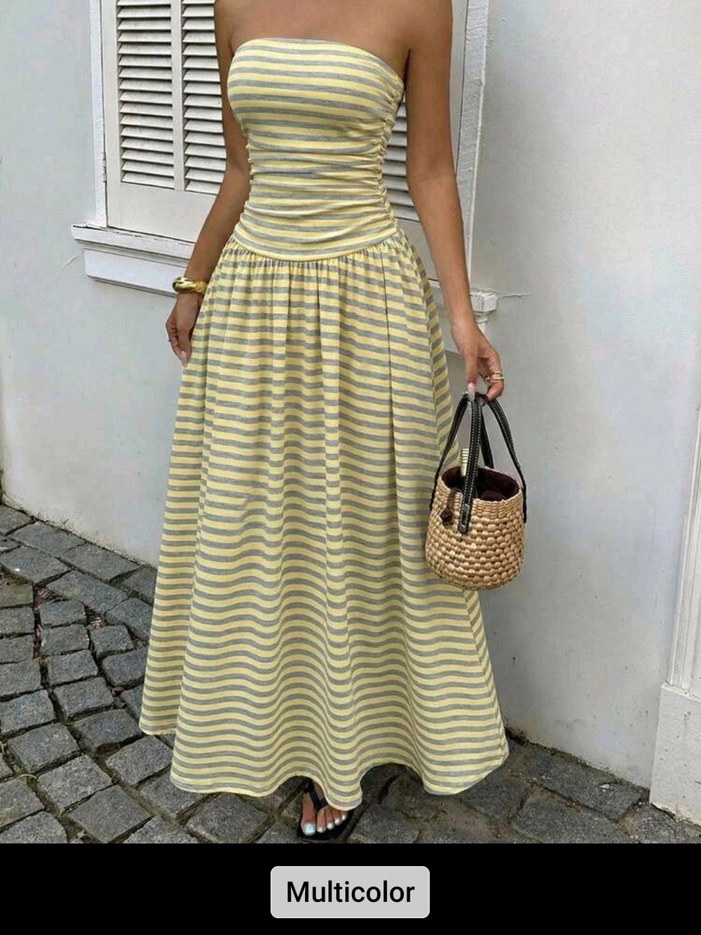 SHEIN Yellow and Gray Striped Strapless Maxi Skirt Dress